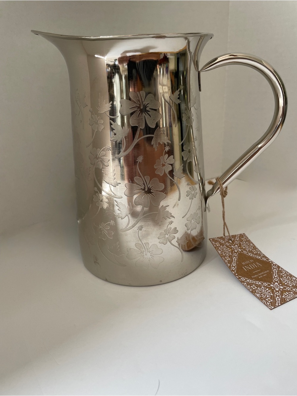 Floral-Etched Stainless Steel Water Pitcher NWT